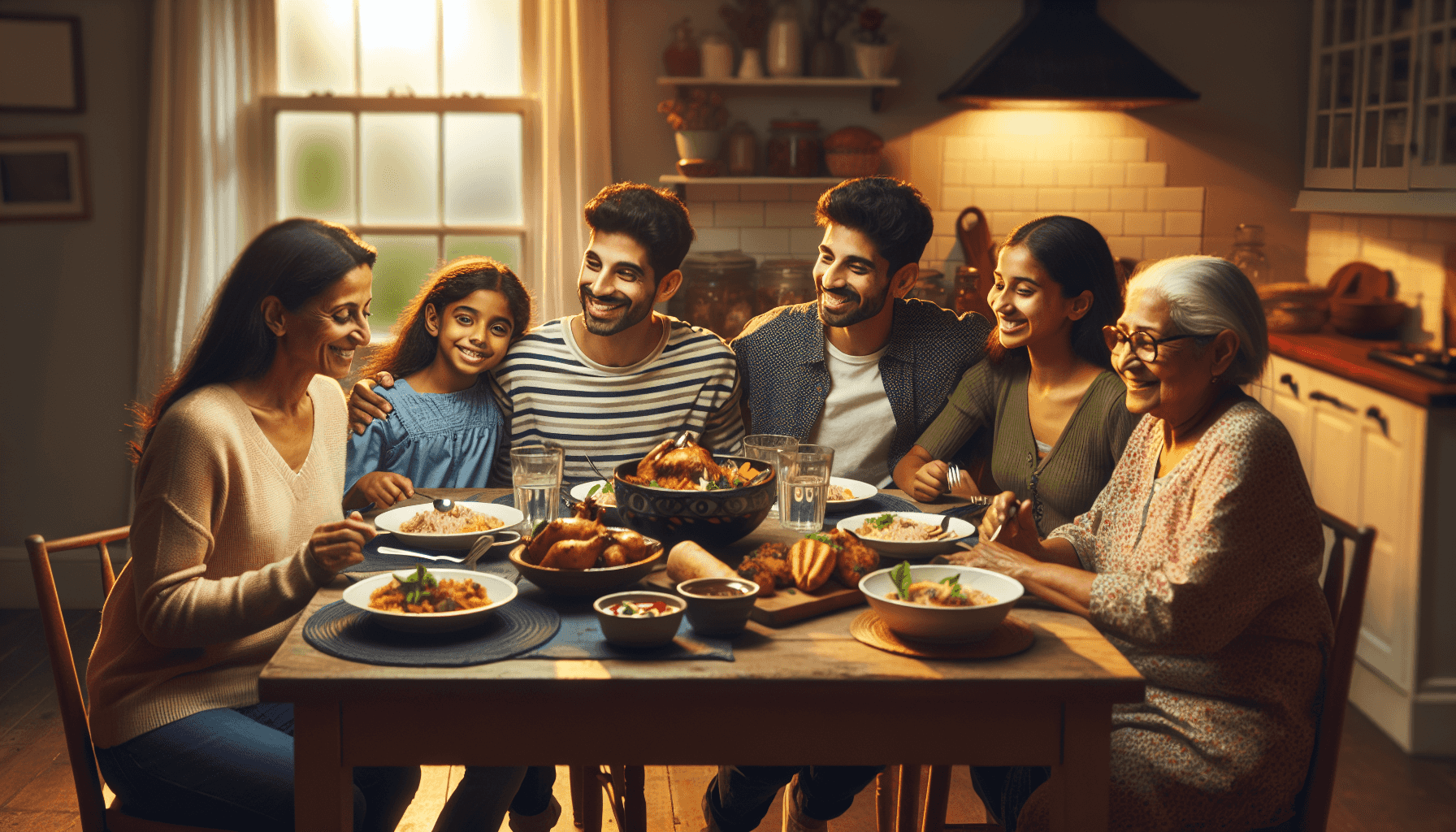 Family meal with chicken dishes